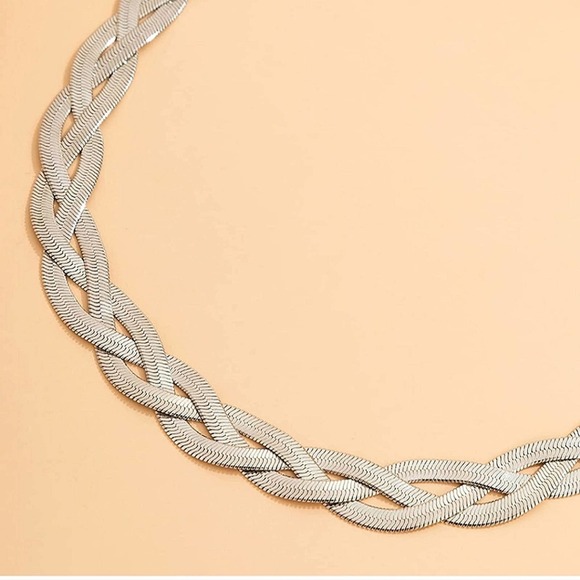 Braided Sterling Silver Herringbone Flat Snake Choker Necklace - Picture 4 of 5